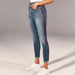 Abercrombie & Fitch Simone High Rise Ankle Jeans Stripe Womens 28 Blue Raw Hem